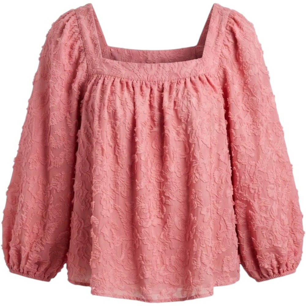 LC Lauren Conrad Womens Plus 1X Coral Pink Floral Textured Square Neck Blouse